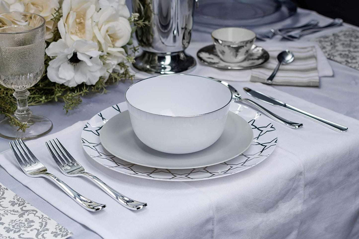 Modern Round White Silver Edge Soup Bowls 10 ct