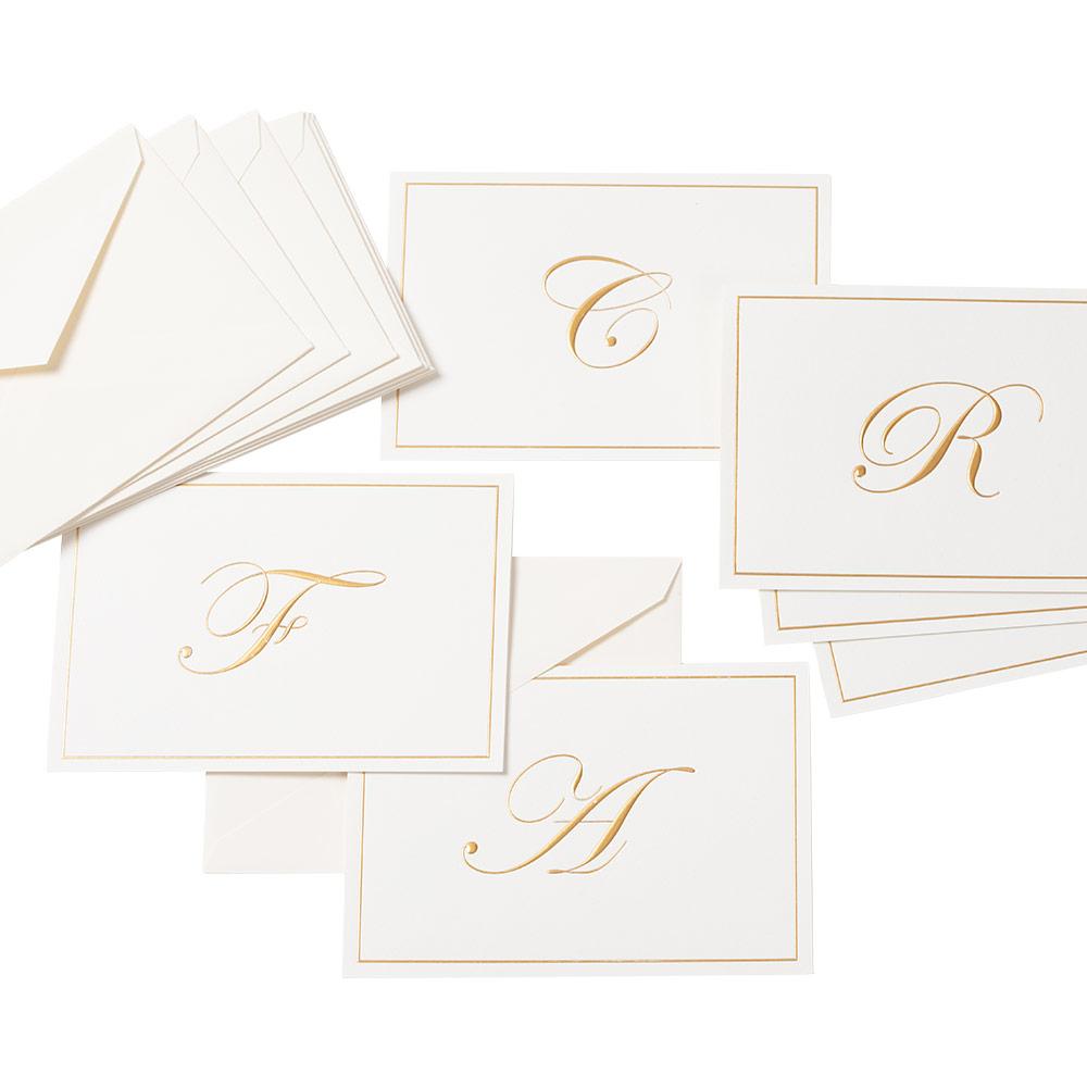 Gold Embossed Single Initial Boxed Note Cards - 8 Note Cards & 8 Envelopes