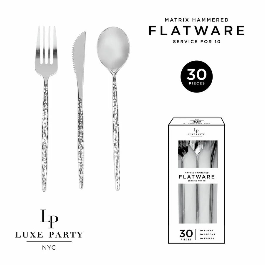 Matrix Silver Hammered Plastic Cutlery Set | 30 Pieces
