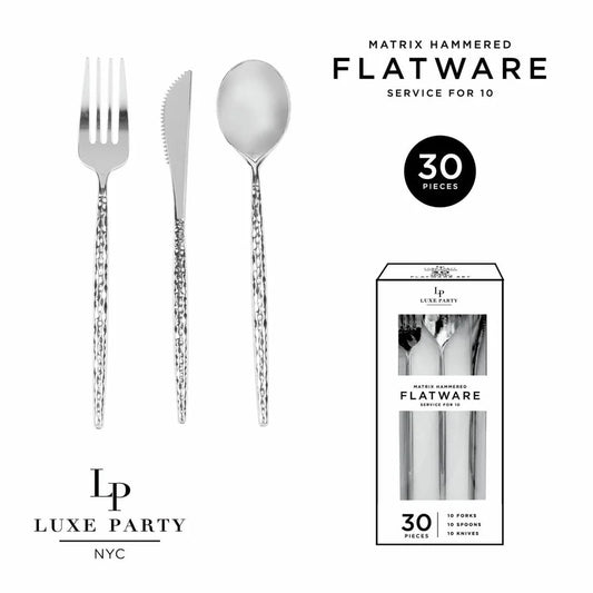 Matrix Silver Hammered Plastic Cutlery Set | 30 Pieces