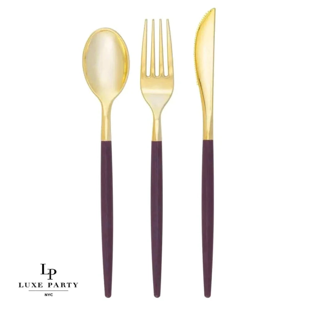 Purple • Gold Plastic Cutlery Set | 32 Pieces