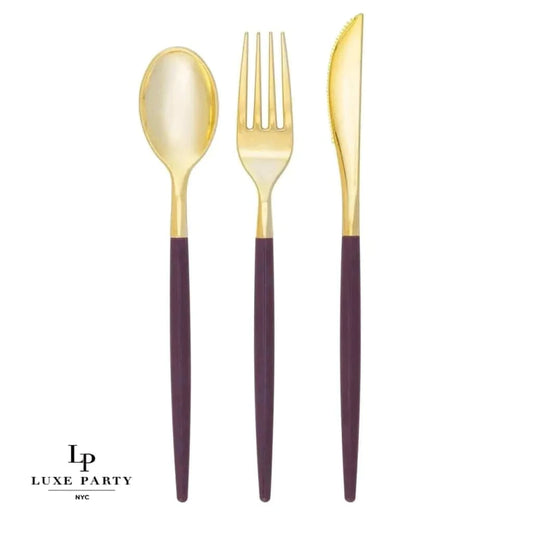 Purple • Gold Plastic Cutlery Set | 32 Pieces