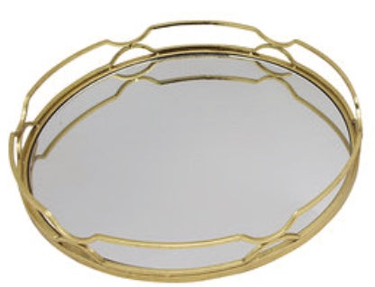 GOLD LEAF METAL MIRRORED ROUND TRAY - LARGE