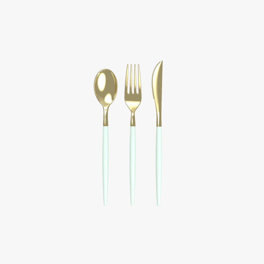 Mint • Gold Plastic Cutlery Set | 32 Pieces