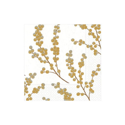 Berry Branches Paper Cocktail Napkins in White & Gold - 20 Per Package