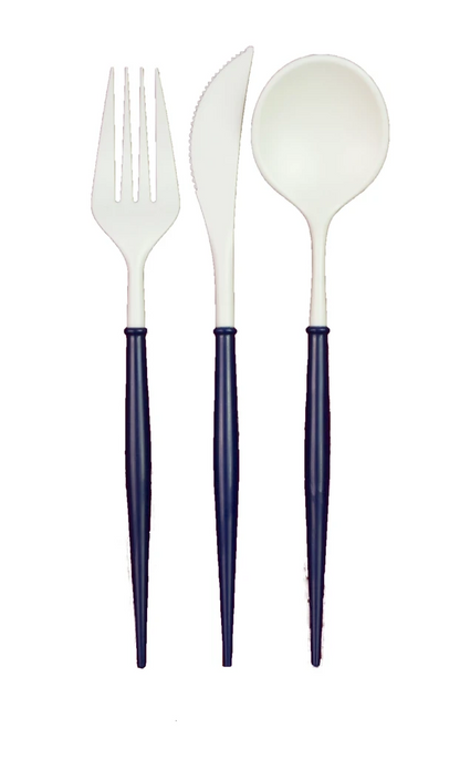 WHITE and NAVY BELLA 24PC ASSORTED FLATWARE