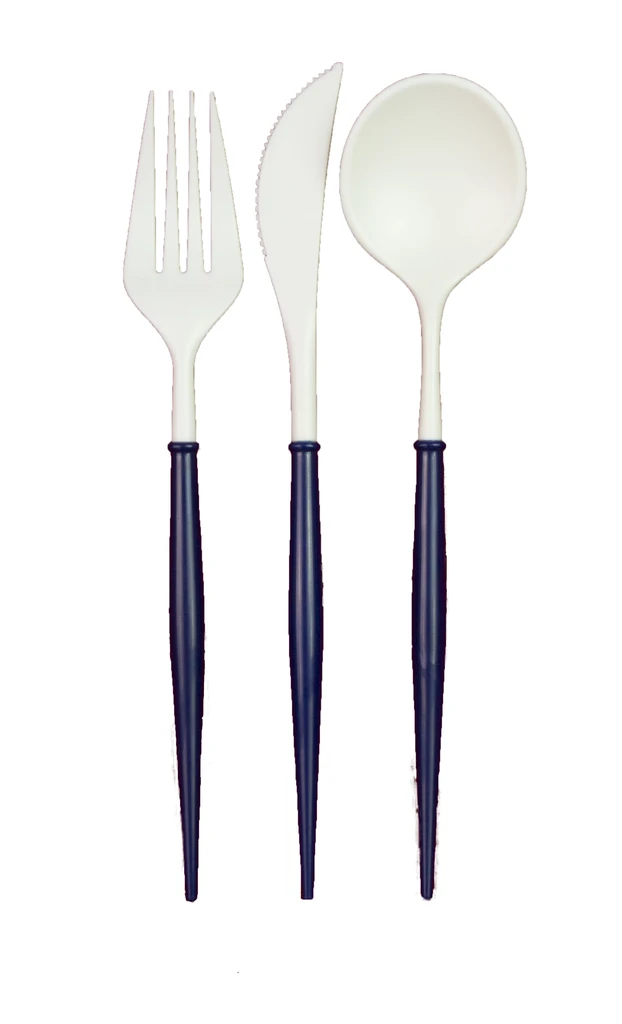 WHITE and NAVY BELLA 24PC ASSORTED FLATWARE