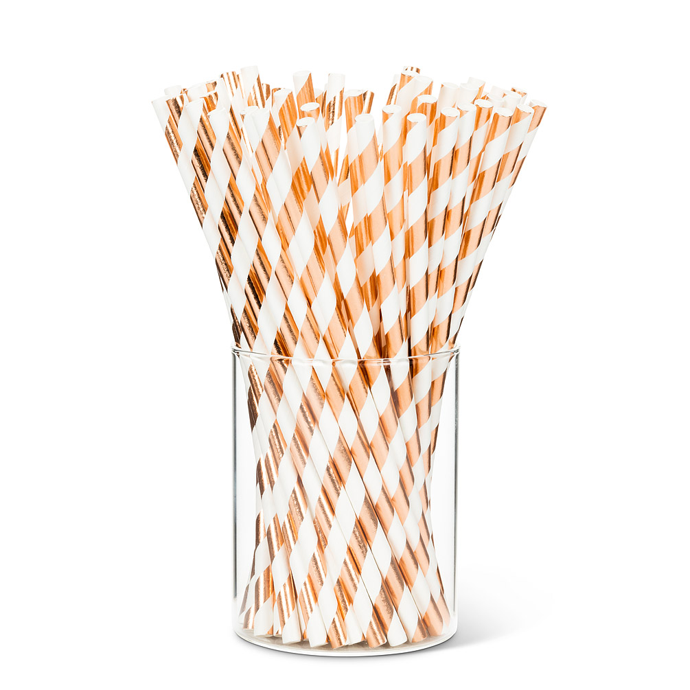 Rose Gold and White Striped Paper Straws